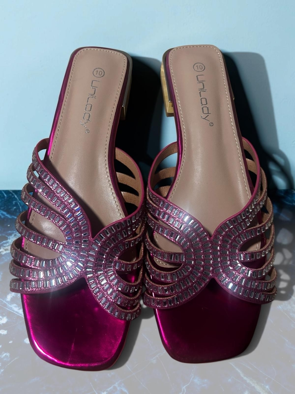 Unlucky Metallic Fuchsia Crystal-Embellished Slide Mules